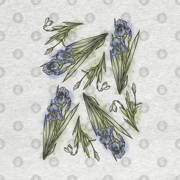 Violet Spring Flowers set, Art Nouveau flower pattern, nature, Iris and Primrose, Pastel, Watercolor style by SSINAMOON COVEN